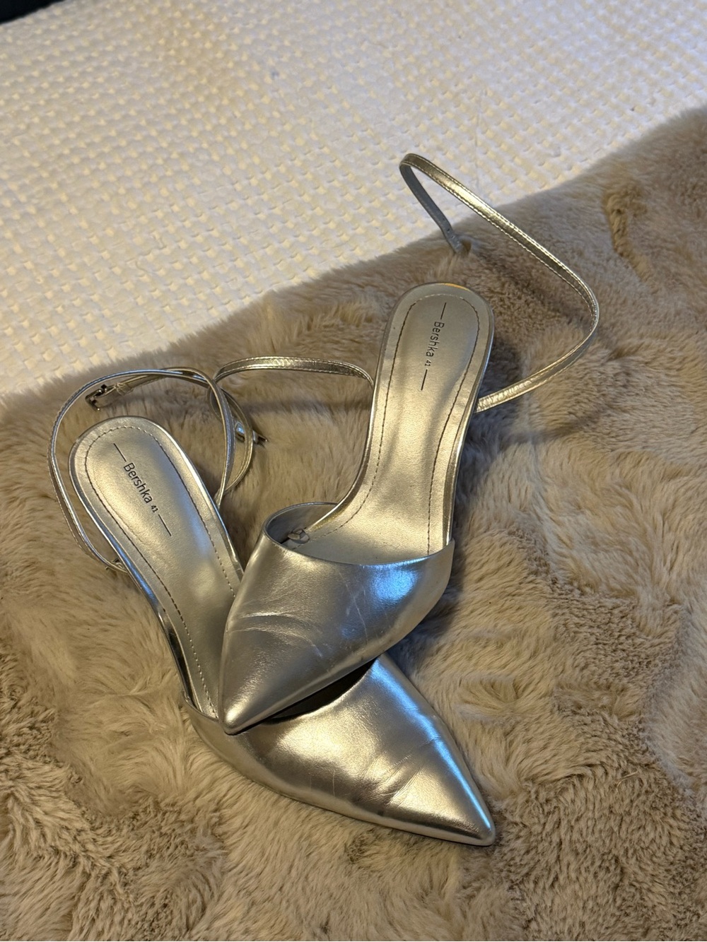 Bershka Metallic Silver Pointed Slingback Heels